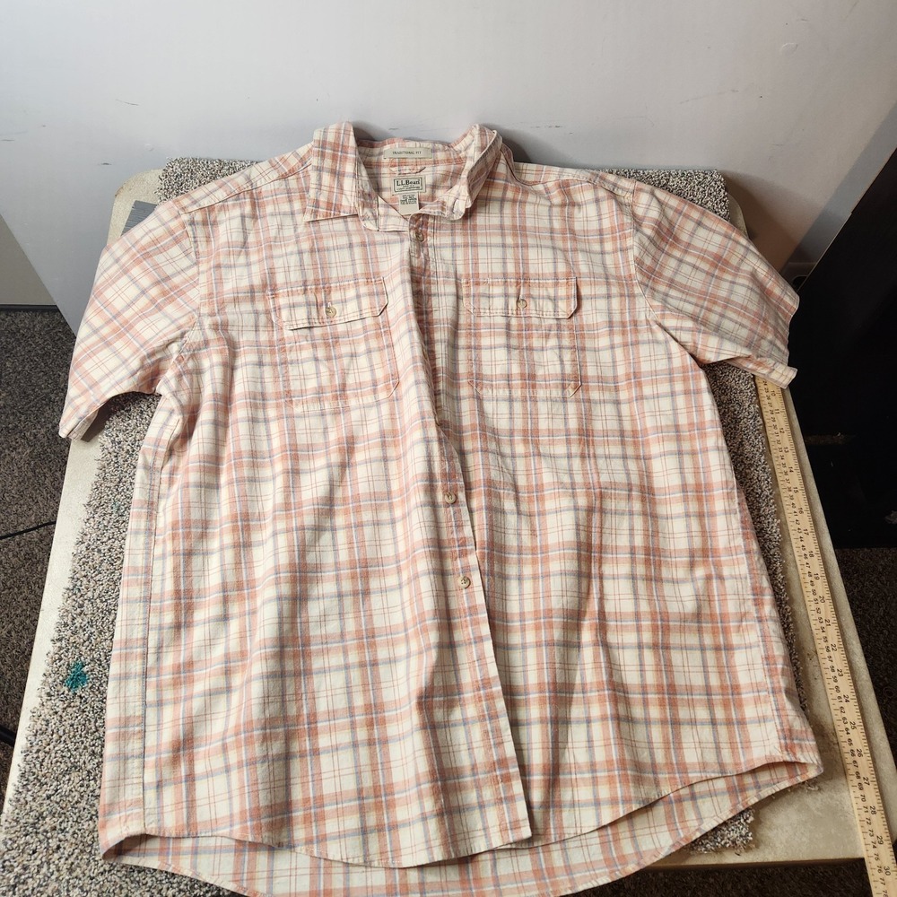 LL Bean Mens XXL Short Sleeve Plaid Button Down Shirt Peach Blue 288696